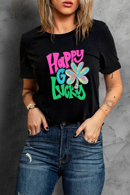 T-shirt noir à col ras du cou avec motif Happy GO Lucky Clover