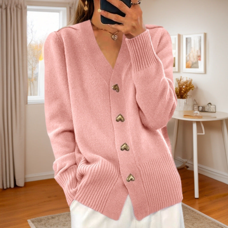 Autumn And Winter New Solid Color Long Sleeve V-neck Knitted Cardigan