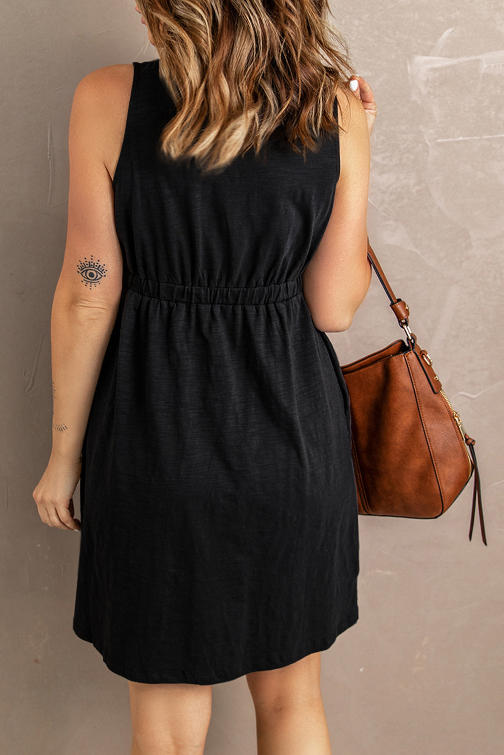 Button Front Shirred Waist Casual Tank Summer Black Dress