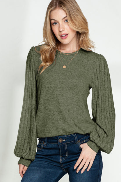 Gray Solid Color Contrast Ribbed Bishop Sleeve Top