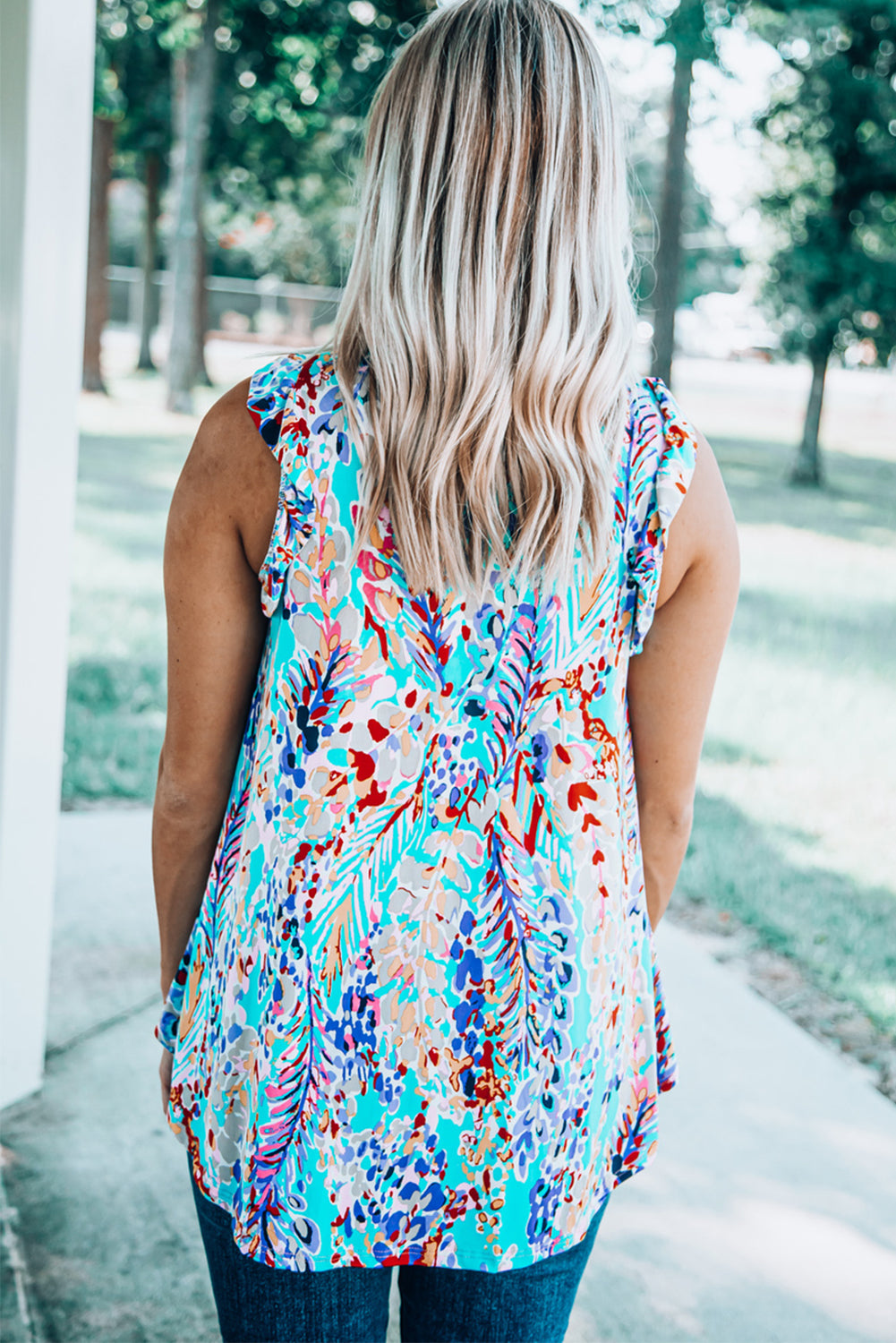 Light Blue Abstract Print Color Block Babydoll Boho Sleeveless Shirt with Ruffle