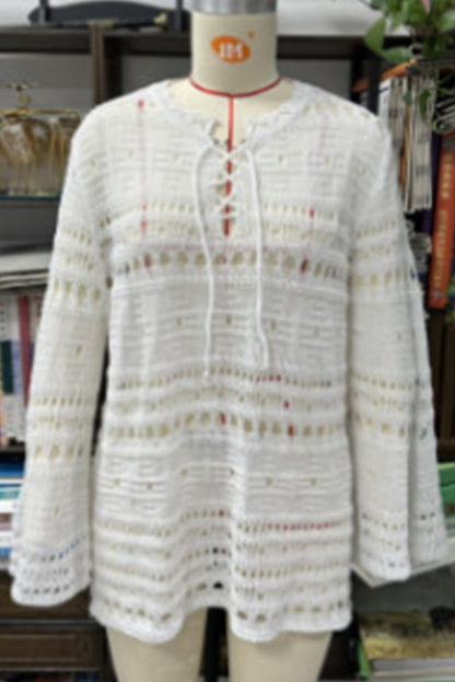 White Lace Up V Neck Hollow Out Knitted Long Sleeve Cover Up