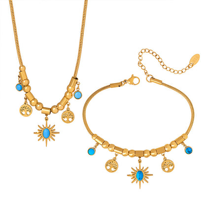 18K Gold Noble Atmosphere Tree of Life and Sun with Turquoise Design Bohemian Necklace Bracelet Set