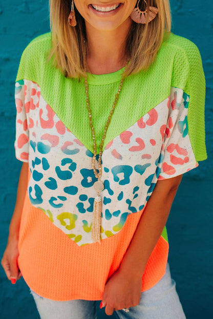 Green Color Block Leopard Waffle Knit Patchwork T-Shirt