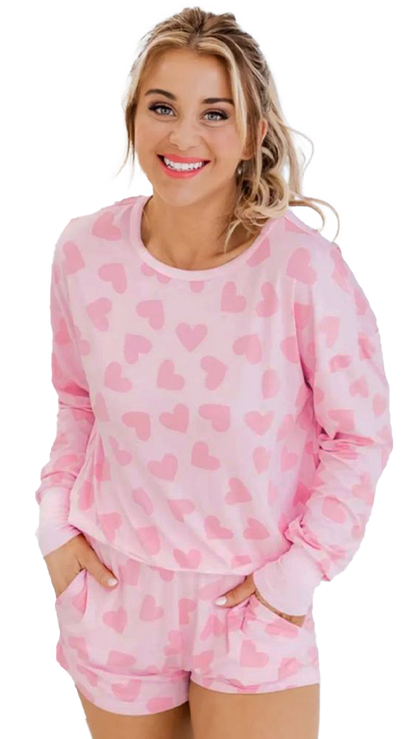 Pink Heart Print Long Sleeve Top and Shorts Loungewear Set