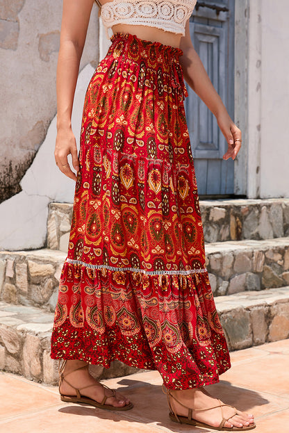 Fiery Red Ethnic Print Big Swing High Waisted Beach Skirt