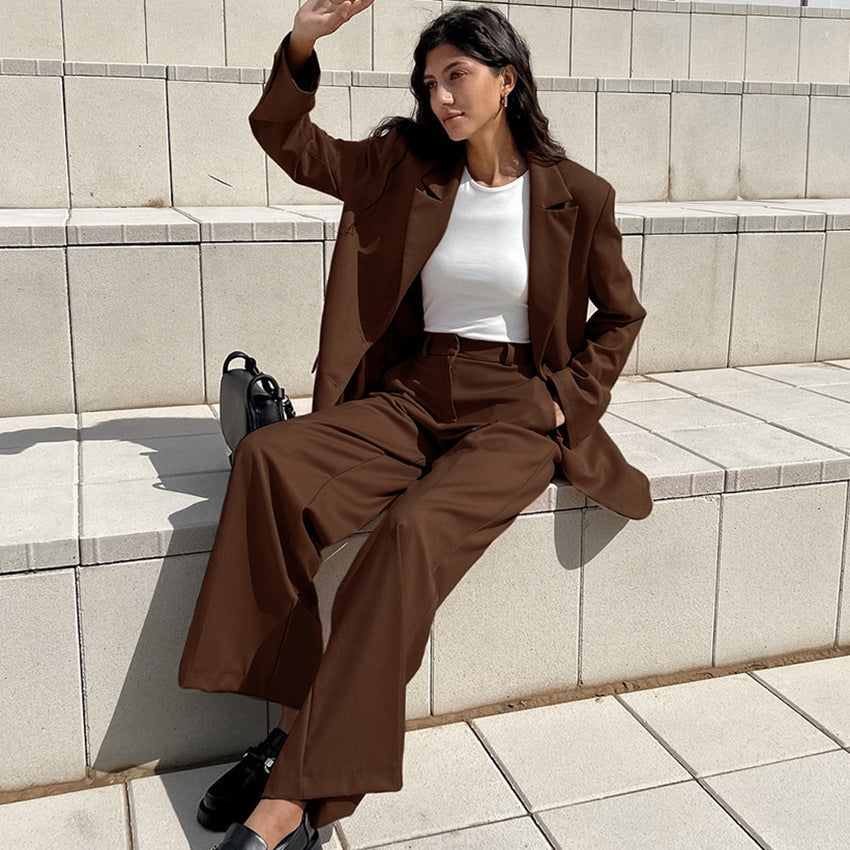 Blazer Vintage à la mode pour femmes, pantalon à jambes larges, ensemble deux pièces