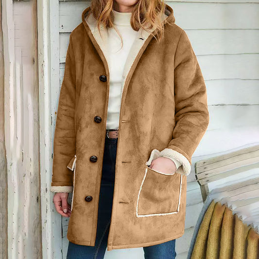 Manteau à capuche en daim de couleur unie rétro automne et hiver pull ample à manches longues avec poche pour femme