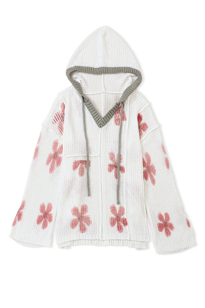 White Floral Print Oversized Knit Hooded Sweater