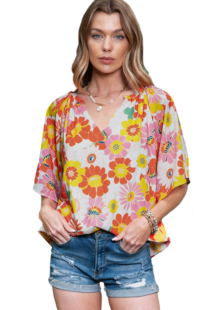 Multicolor Abstract Print Flutter Sleeve V Neck Blouse