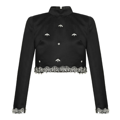 Autumn New Diamond Inlaid Short Top Long Sleeve Black Skirt