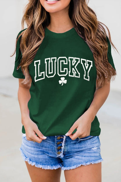 T-shirt décontracté vert LUCKY Clover Puff Graphic à col rond