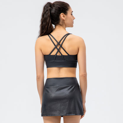 Costume de sport pour femmes, soutien-gorge de Yoga en simili cuir à haute élasticité, faux deux culottes courtes