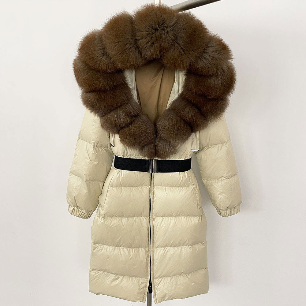 Manteau long à capuche et col en fourrure de renard véritable pour femme