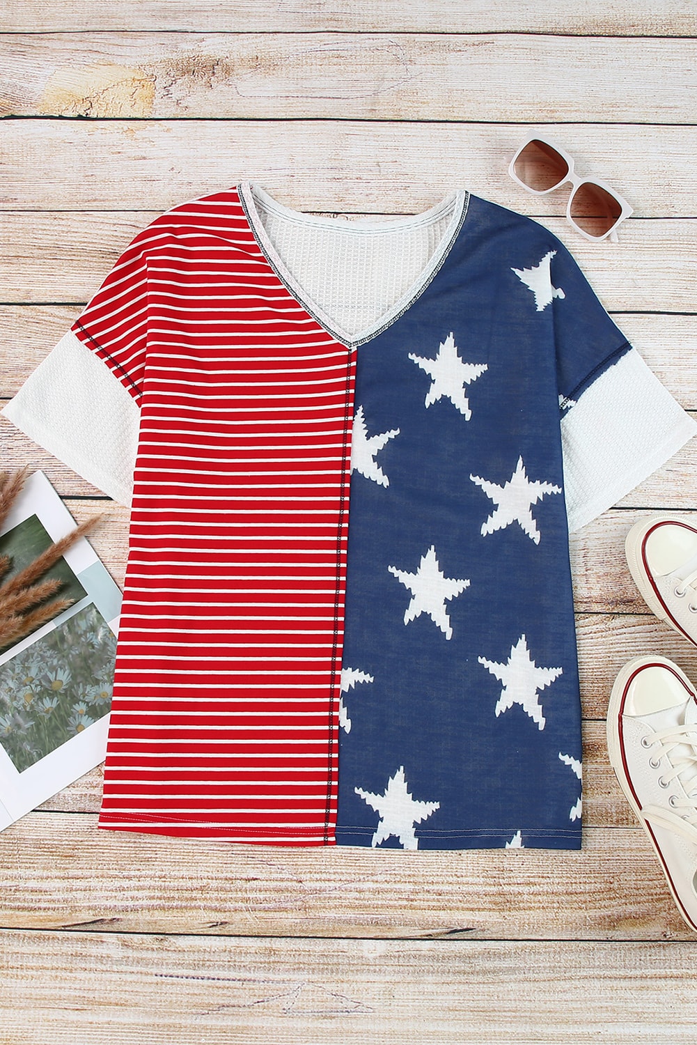 Dark Blue Stripes Stars Print Knit V Neck Short Sleeve Top