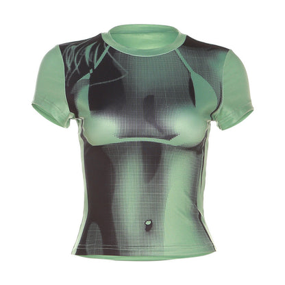 Sommermode Persönlichkeit Hipster Kontrastfarbe Sexy Digital 3D Druck Slim-fit Crop-top