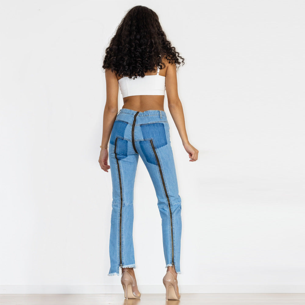 Jean skinny irrégulier bleu clair à fermeture éclair