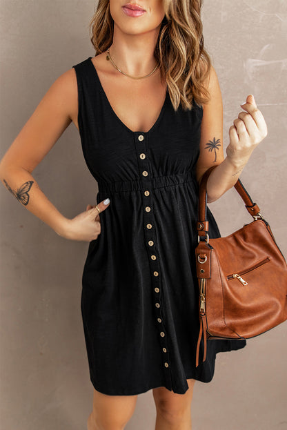 Button Front Shirred Waist Casual Tank Summer Black Dress