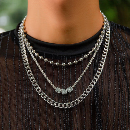 Collier hip-hop à trois couches à la mode, empilé avec des dés