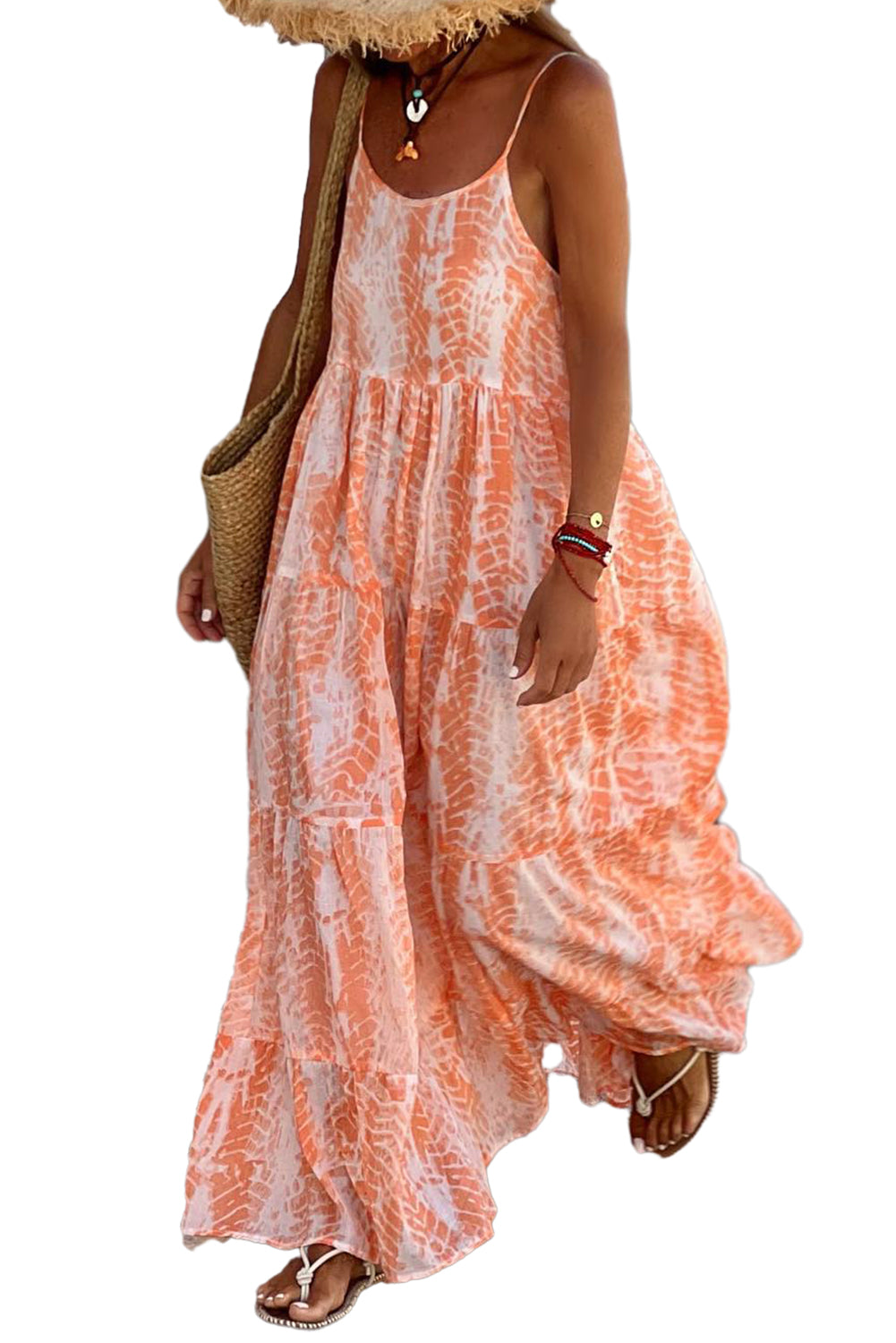 Robe longue orange à imprimé abstrait, dos nu, à plusieurs niveaux