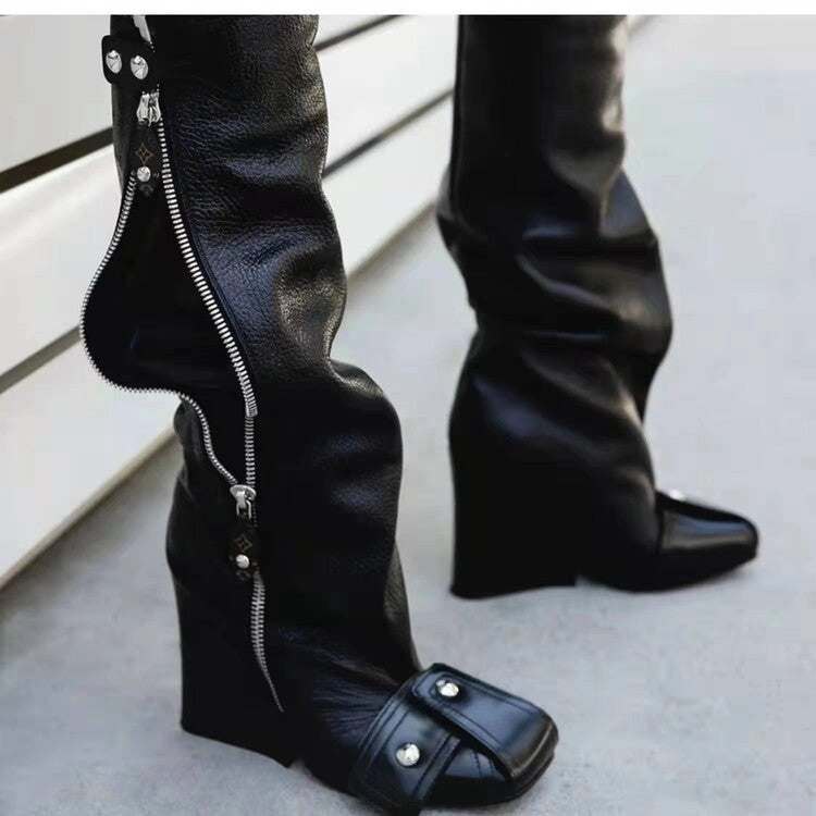 Super haut talon tête carrée une étape mode piste grande taille bottes hautes pour les femmes