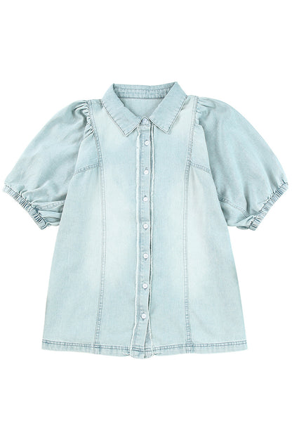 Sky Blue Distressed Bubble Sleeve Denim Shirt