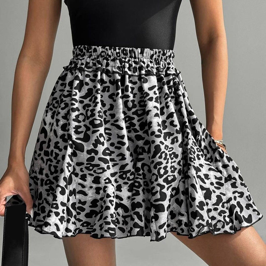 American Retro High Waist Leopard-print Design Asymmetric A- Line Skirt Short Skirt