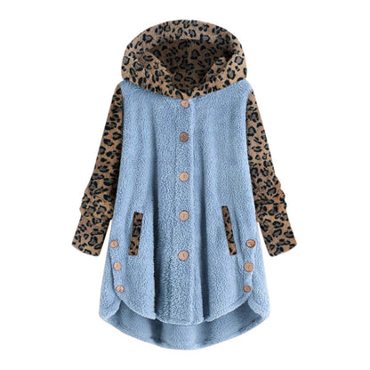 Autumn And Winter Button Long Sleeve Leopard Splicing Hooded Plush Coat For Women