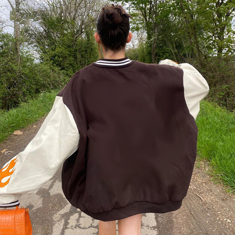 Veste d'uniforme de baseball décontractée et ample avec broderie à coutures contrastées