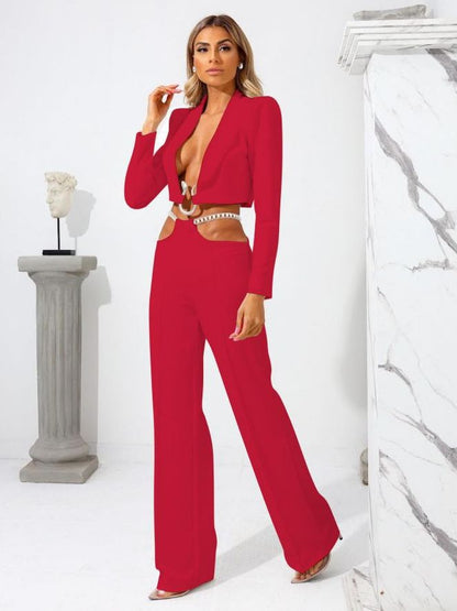 Women's Fashion Casual Suit Chain Belt Trousers Two Piece Set