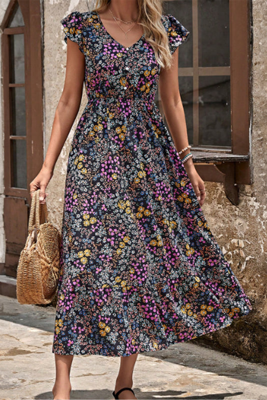 Robe midi boutonnée noire à imprimé floral et manches à volants