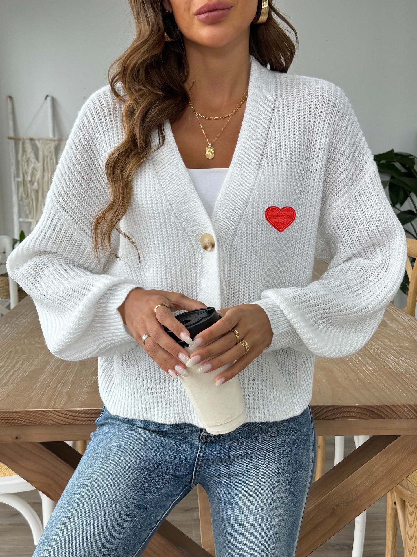 Women's Woven Love Stickers Short Button Coat