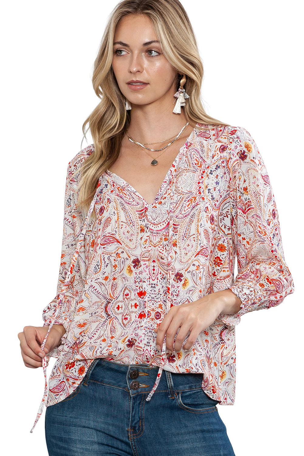 Rote Bluse mit gerafften Bündchen im Boho-Paisley-Print