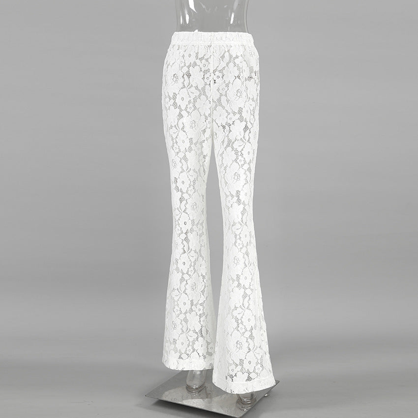 Pantalon évasé transparent en dentelle de coton blanc jacquard taille haute décontractée