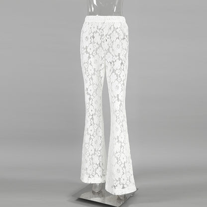 Pantalon évasé transparent en dentelle de coton blanc jacquard taille haute décontractée