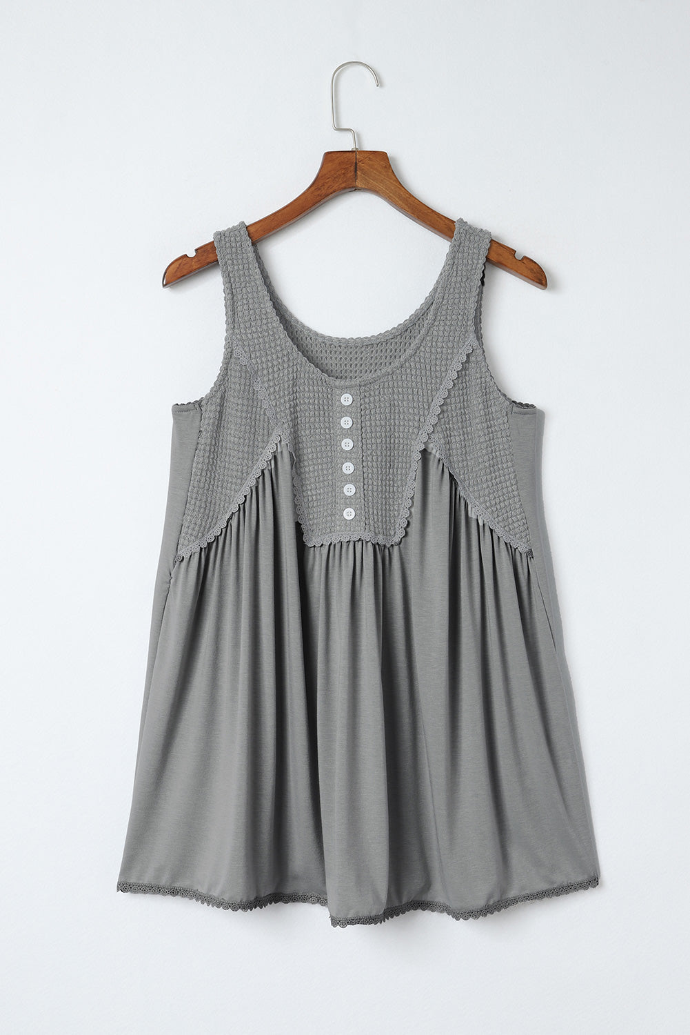 Gray Waffle Knit Panel Babydoll Sleeveless Top