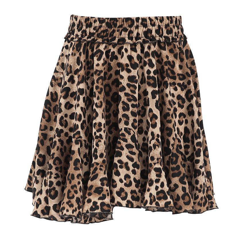 American Retro High Waist Leopard-print Design Asymmetric A- Line Skirt Short Skirt