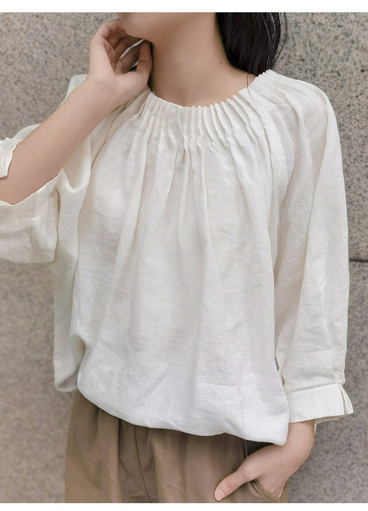 Japanese Loose Plus Size Organ Pleat Design Niche Cotton And Linen T-shirt