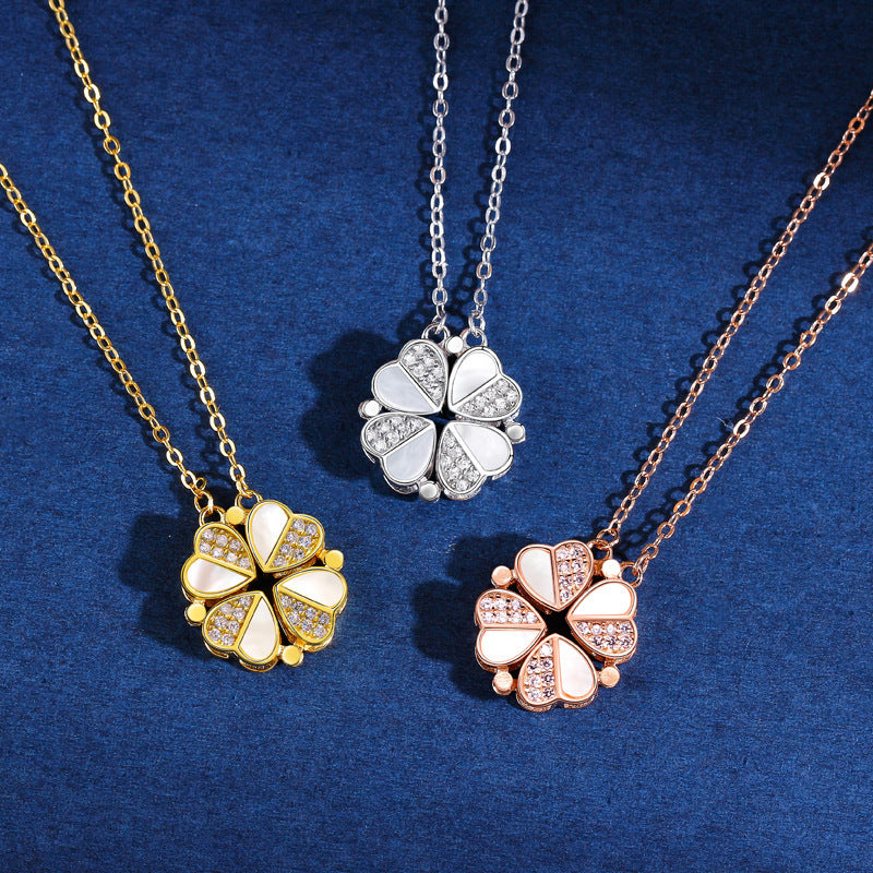 S925 silver light luxury fashion four-leaf clover inlaid with gemstones and diamonds a two-wear design necklace