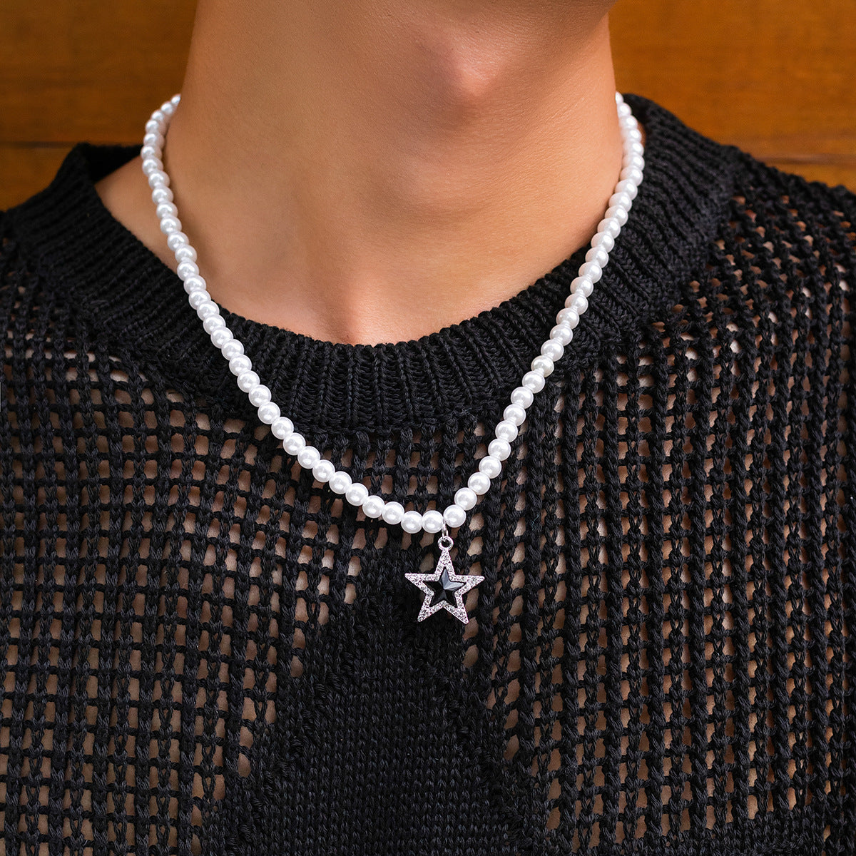 Trendy personalized five-pointed star diamond and pearl design hip-hop necklace