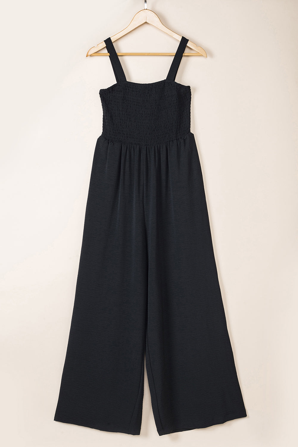 Black Casual Smocked Sleeveless Wide Leg Jumpsuit With Pockets