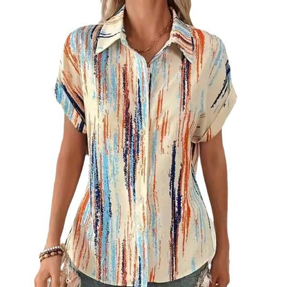 Striped Print Button Front Short Sleeved Shirt