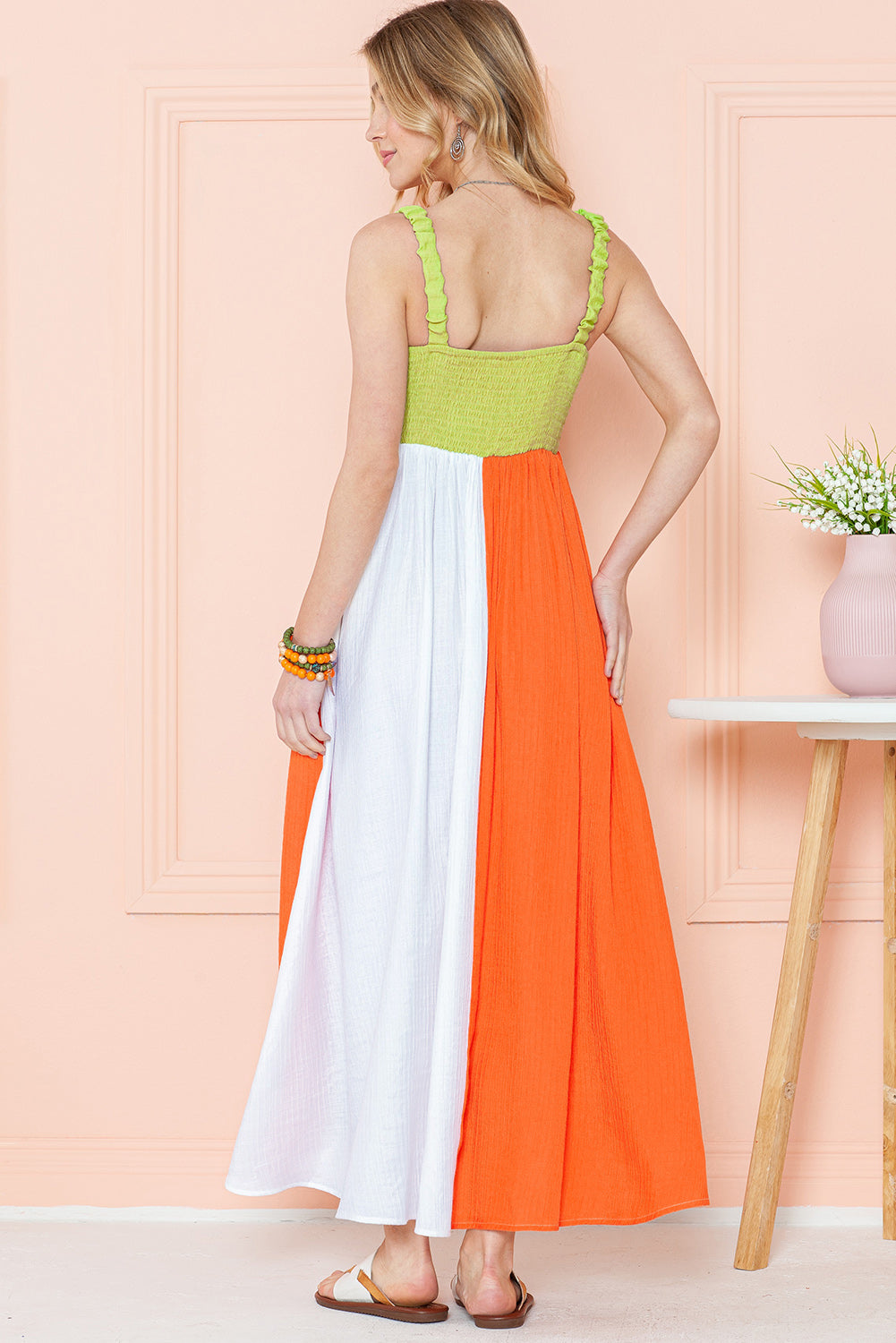 Green Color Block Shirred High Waist Pleated Maxi Dress