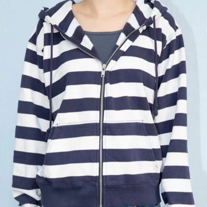 New Mixed Color Stripe Zipper Hooded Cardigan Women's Long Sleeve Jacket Top