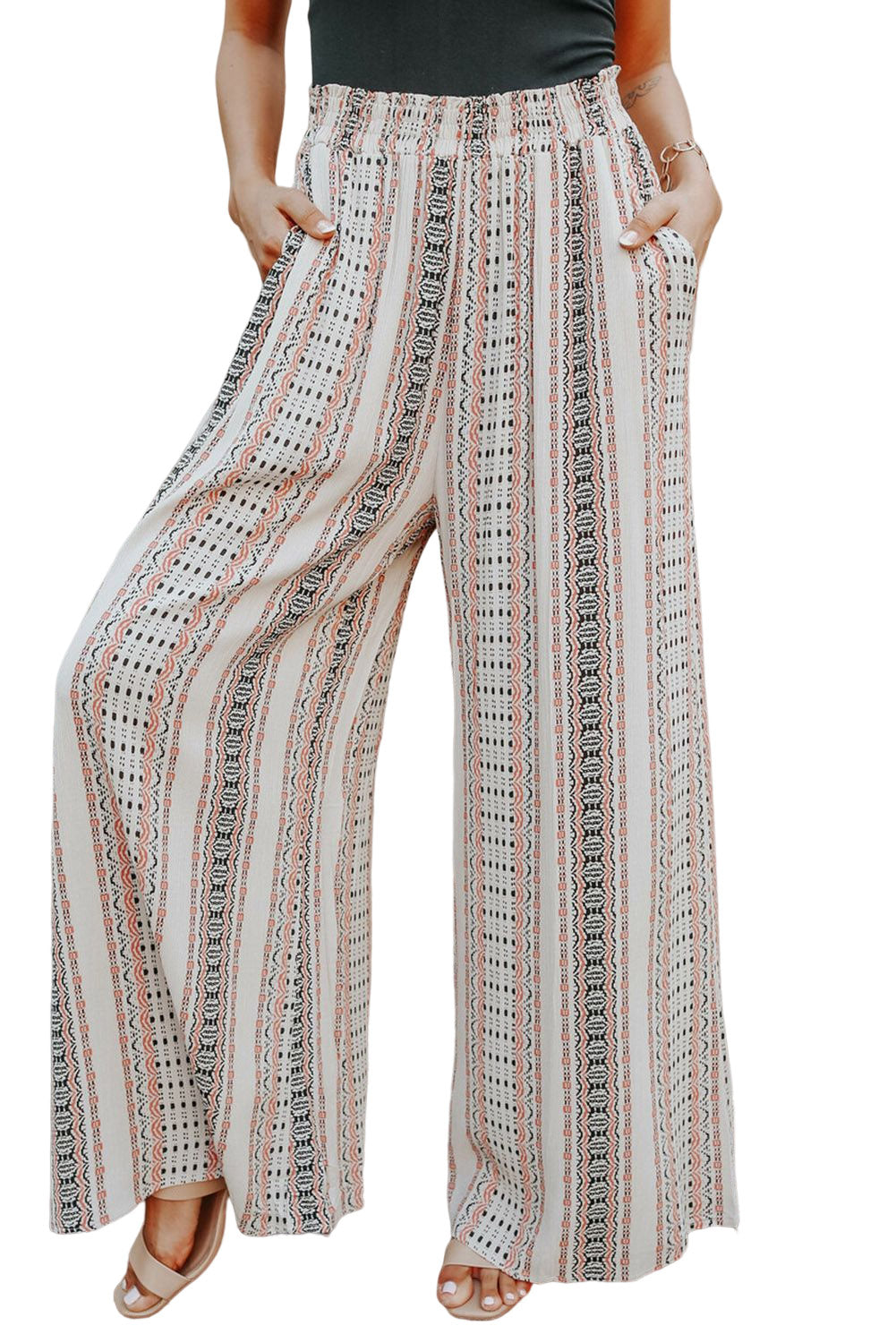 Pantalon large froncé décontracté à imprimé géométrique beige