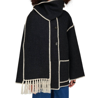 Women's Woolen Coat Thick Loose With Scarf