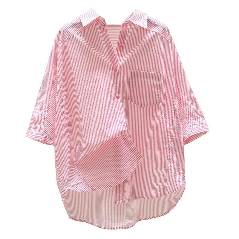 Chemise à rayures roses en pur coton pour femmes, haut artistique frais à manches chauve-souris et poche unique