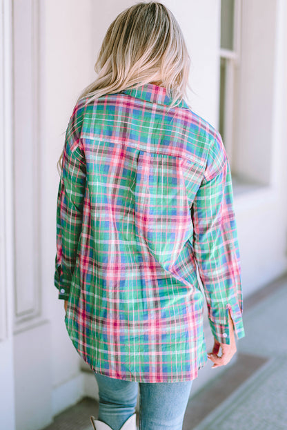 Chemise fendue boutonnée à manches longues à carreaux vert