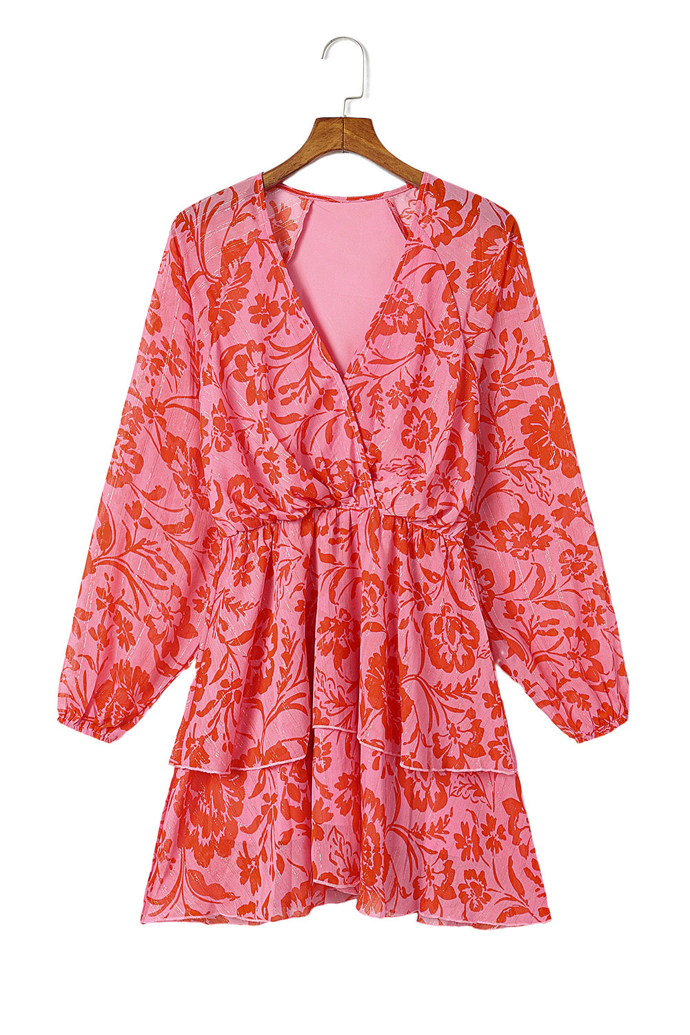 Fiery Red Floral Ruffle Layered Puff Sleeve Surplice Dress