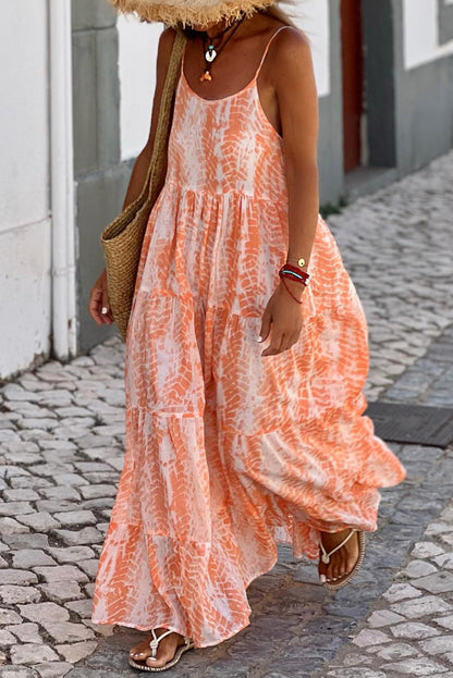 Robe longue orange à imprimé abstrait, dos nu, à plusieurs niveaux